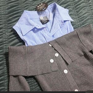 Blue Striped Collared Blouse with Charcoal Knit Overlay